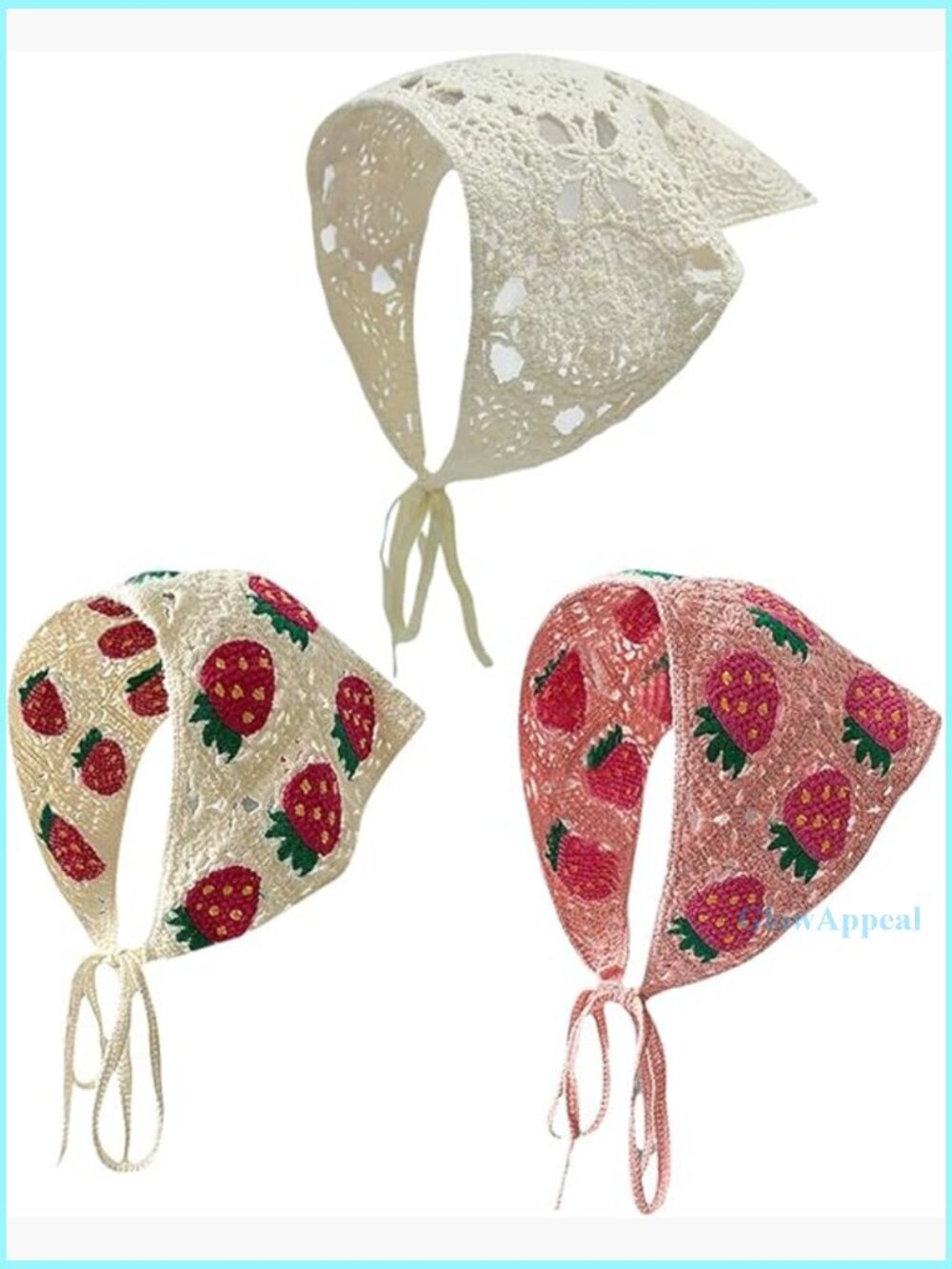 3-Piece Cotton Blend Crochet Bandana Set, Strawberry Pattern Headscarf